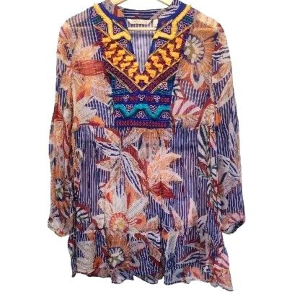 Soft Surroundings Semi Sheer Embroidered Boho V-Neck Floral Tunic SMALL